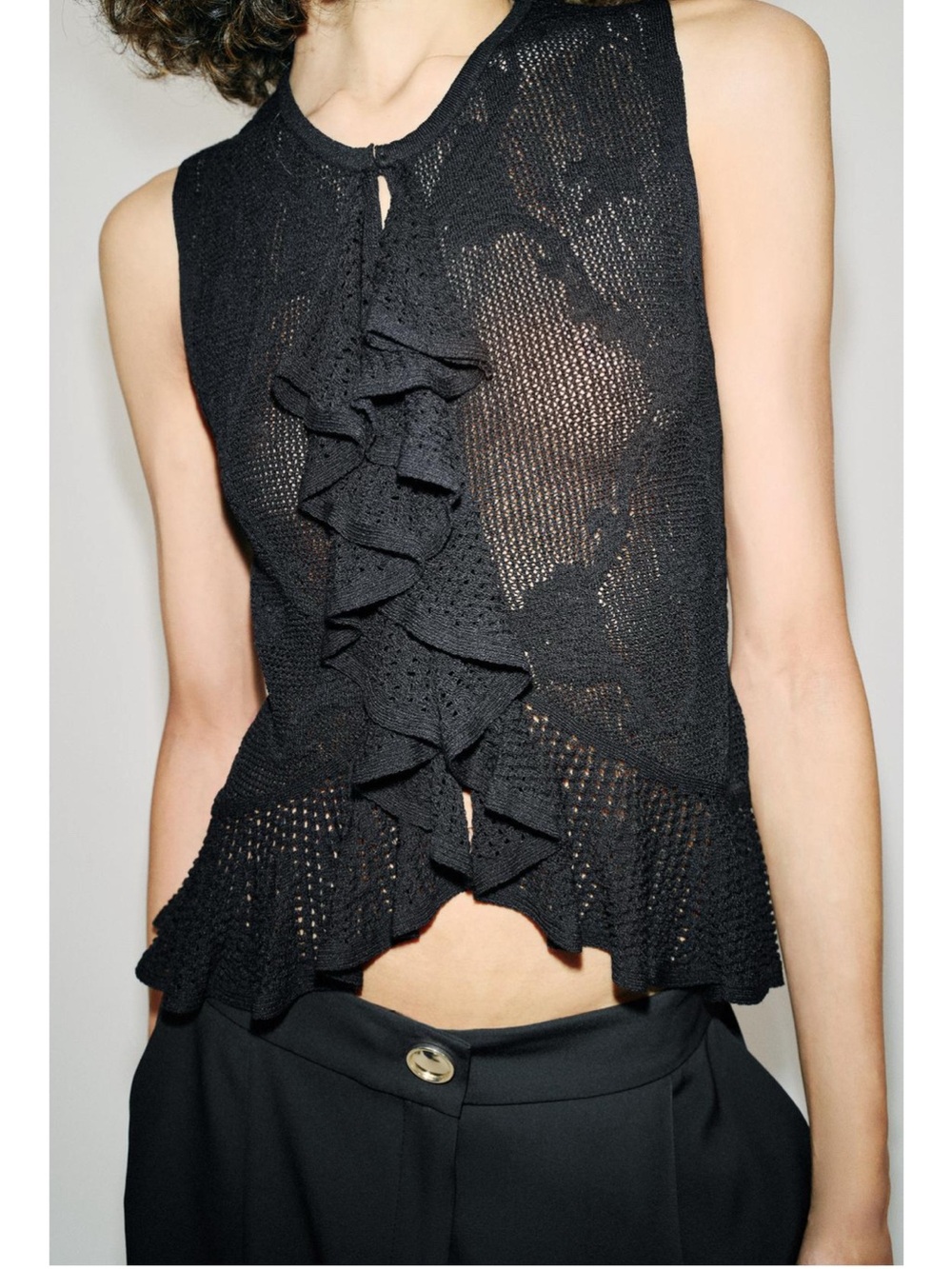 Zara Black Romanyic Pointelle Ruffle Knit Top